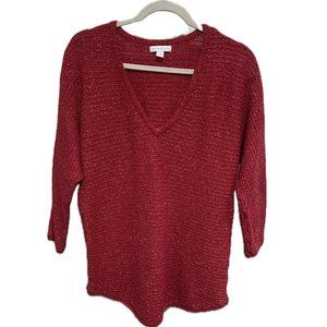 New York & Company Sparkly Red V-Neck Sweater (Large)
